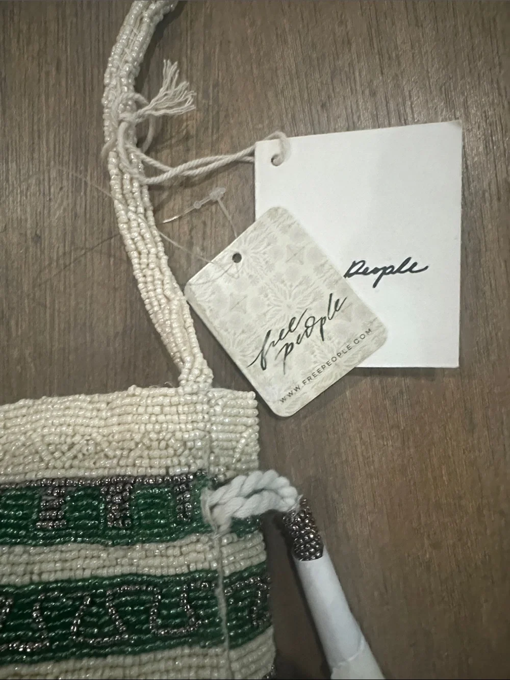 NWT Free People Tassel Beaded Pouch-Green Ivory
